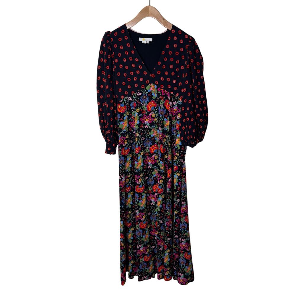 BODEN Blouson Sleeve Floral Maxi Dress V Neck Size 2P Black Red - Picture 3 of 14